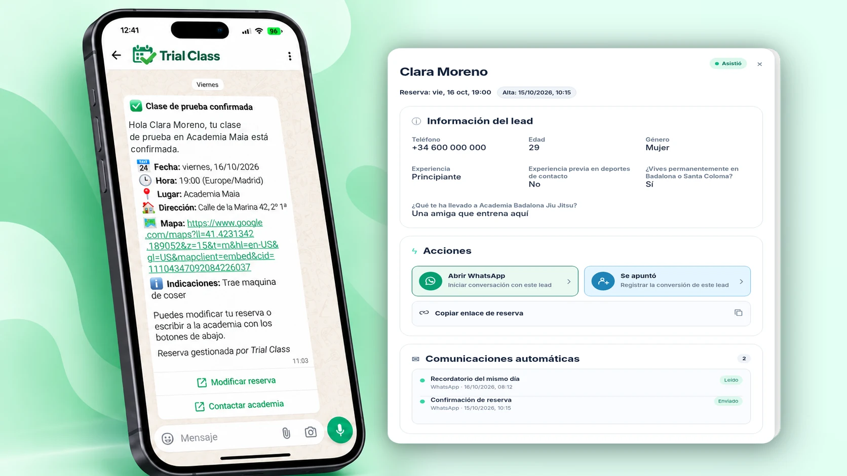 Vista de Trial Class con la confirmación de una clase de prueba en el móvil y la ficha de seguimiento de una alumna